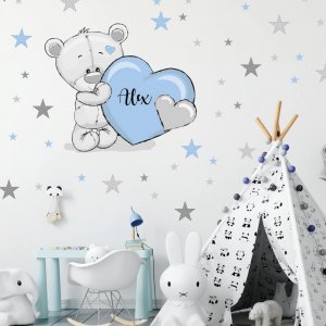 INSPIO samolepky do dětského pokoje - Medvídek s hvězdami v modré barvě